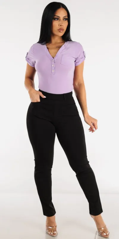 Black High Rise Straight Leg Dress Pants with Short Sleeve Half Button Up Lilac Blouse sold by Moda