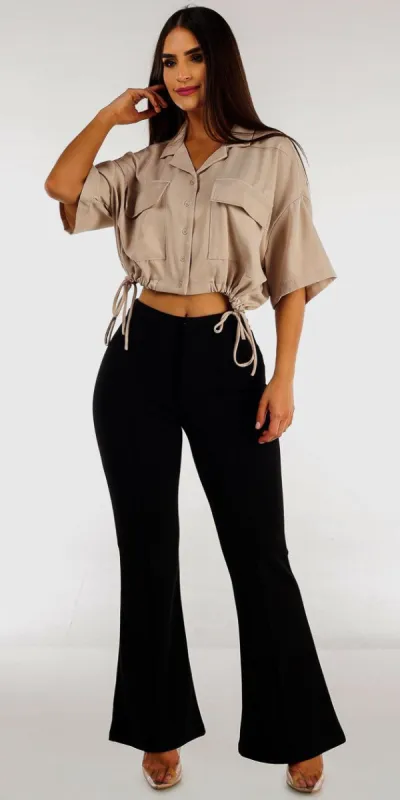 Black High Waist Wide Leg Flare Dress Pants with Drawstring Waist Button Up Cropped Shirt sold by Moda