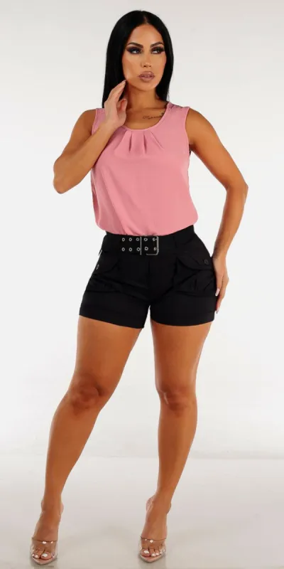 Black Belted Utility Cargo Shorts with Pink Sleeveless Pleated Blouse sold by Moda