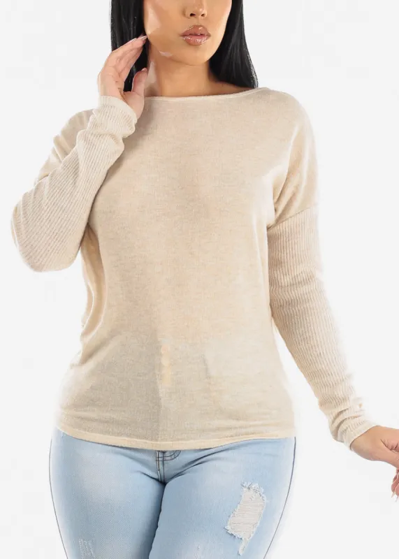 Long Sleeve Boat Neckline Soft Knit Sweatshirt Oatmeal sold by Moda