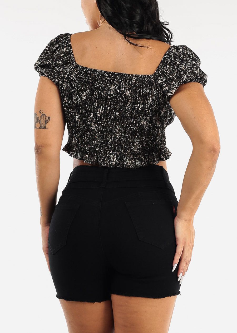 Short Puff Sleeve Black Floral Smocked Crop Top sold by Moda product image thumbnail 4