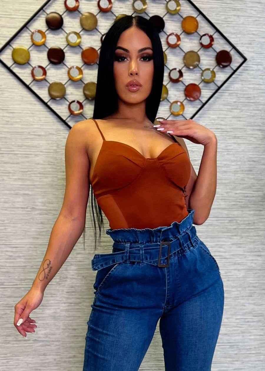 Sweetheart Neckline Brown Bodysuit w Mesh Sides sold by Moda