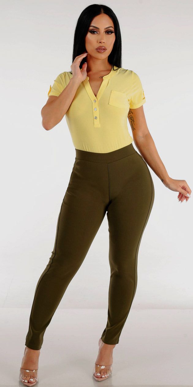 Levantacola Olive Skinny Pants with Yellow Short Sleeve Half Button Up Blouse sold by Moda