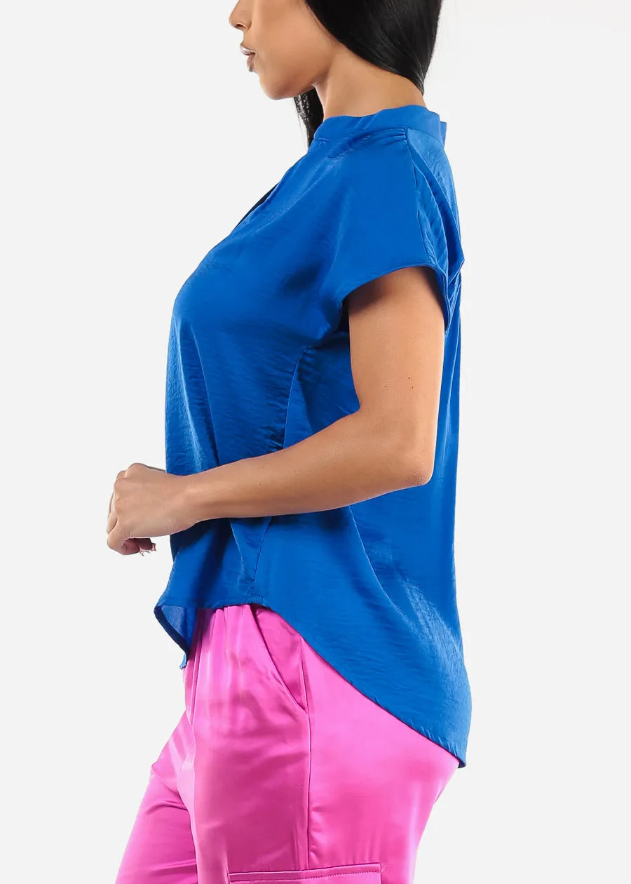 Short Sleeve Half Button Up Round Hem Blouse Royal Blue sold by Moda product image thumbnail 3