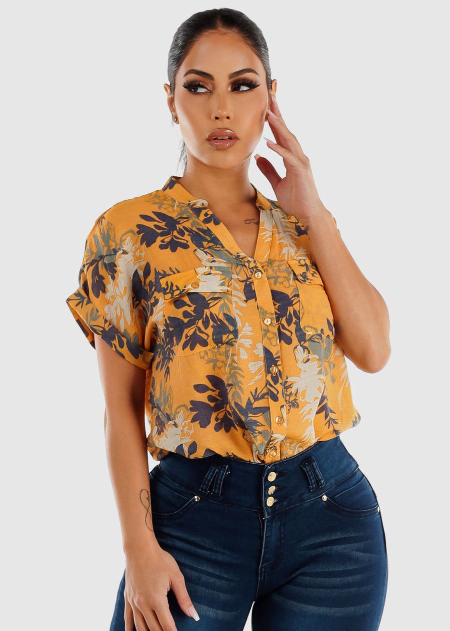 Short Sleeve Button Up Floral Tunic Shirt Orange sold by Moda