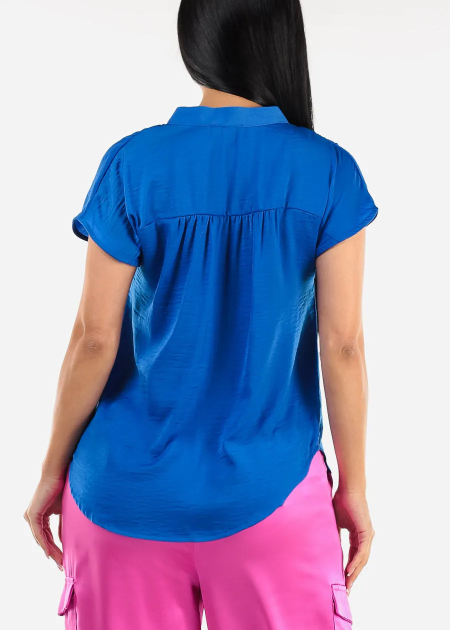 Short Sleeve Half Button Up Round Hem Blouse Royal Blue sold by Moda product image thumbnail 4