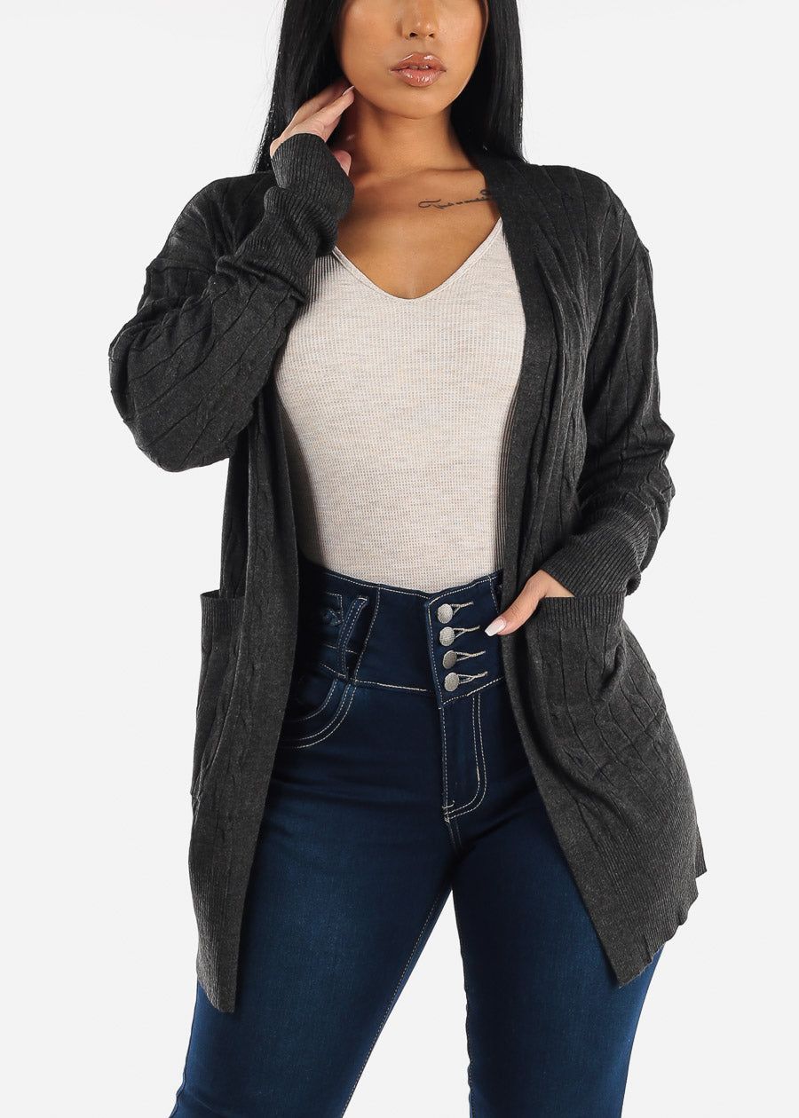 Long Sleeve Charcoal Cardigan w Pockets sold by Moda