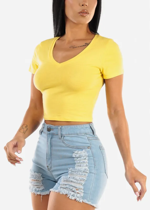 Short Sleeve Vneck Crop Top Yellow sold by Moda