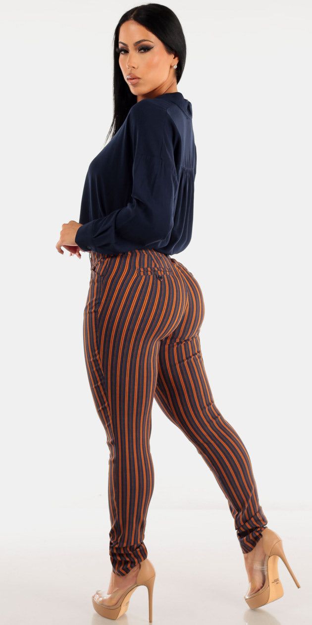 High Waisted Navy Stripe Dressy Skinny Pants with Navy Long Sleeve Oversized Button Up Shirt sold by Moda product image thumbnail 2