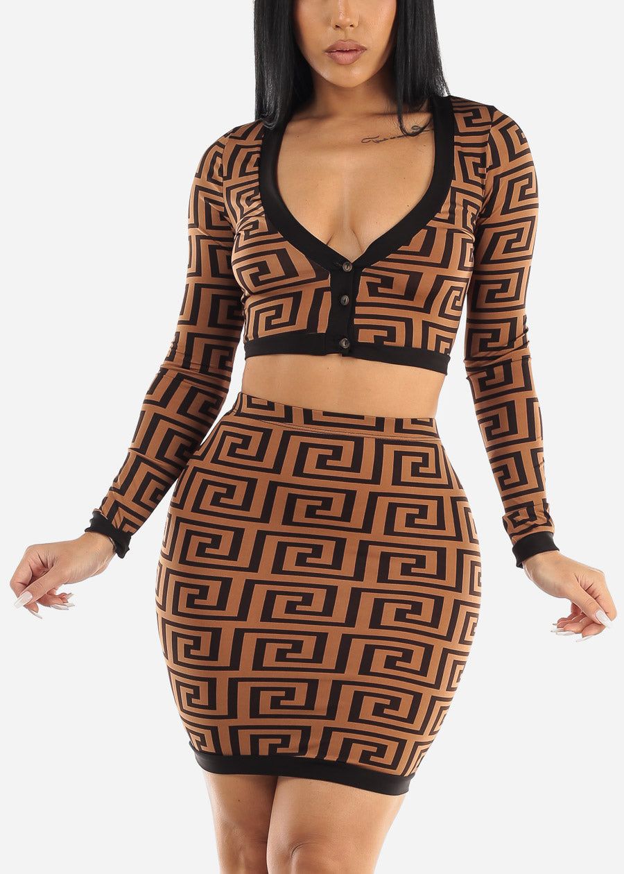 Long Sleeve Geo Print Crop Top & Mini Skirt Brown (2 PCE SET) sold by Moda product image thumbnail 4