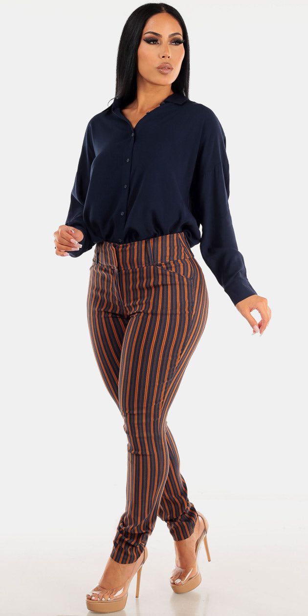 High Waisted Navy Stripe Dressy Skinny Pants with Navy Long Sleeve Oversized Button Up Shirt sold by Moda