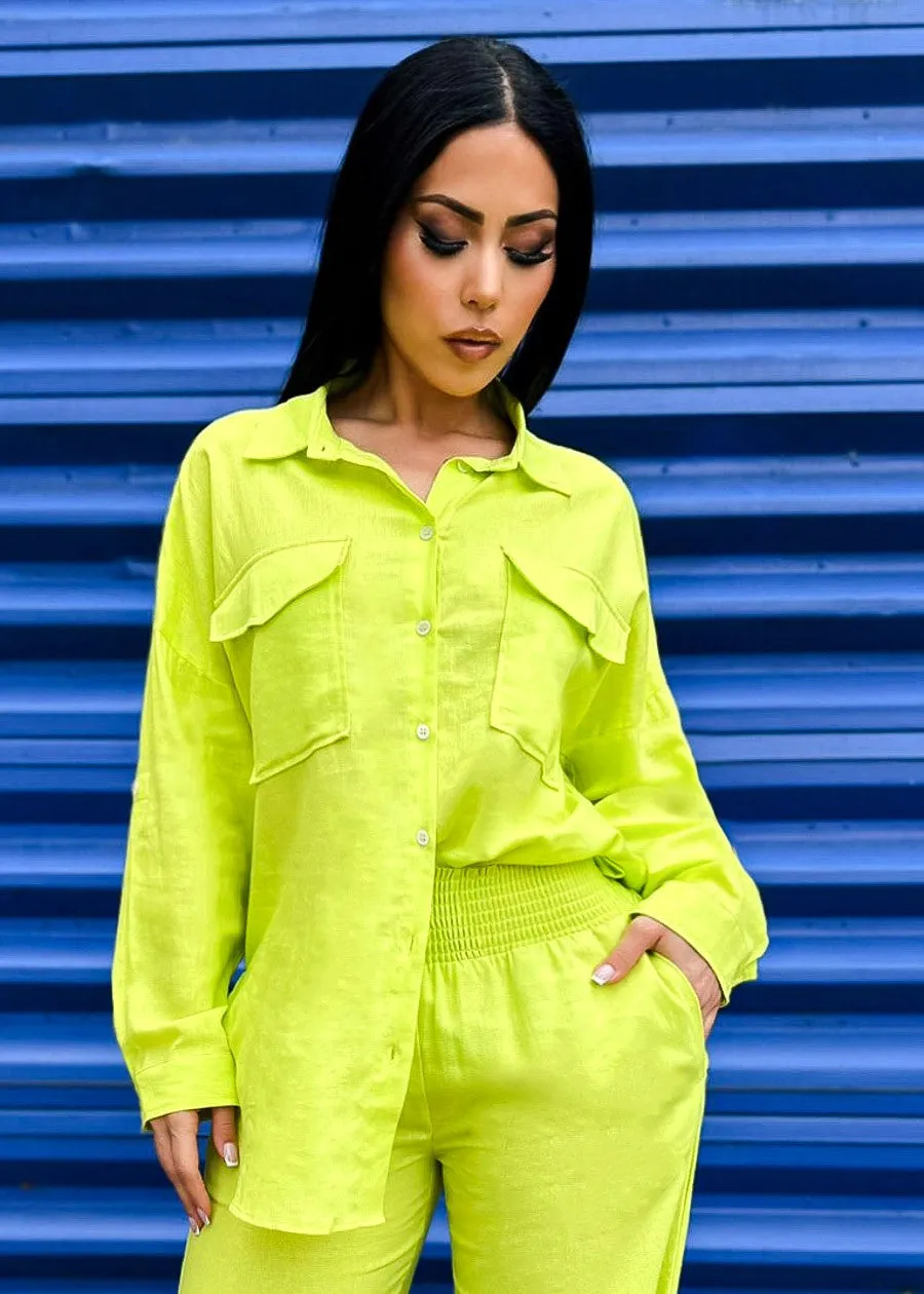 Linen Oversized Button Down Shirt Lime sold by Moda