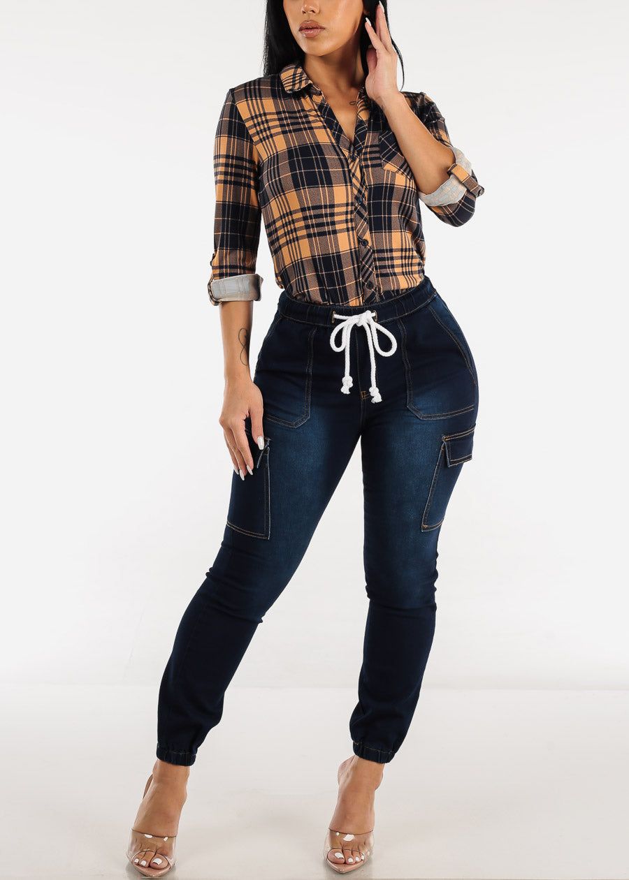 Button Down Long Sleeve Plaid Shirt Navy & Khaki sold by Moda product image thumbnail 2