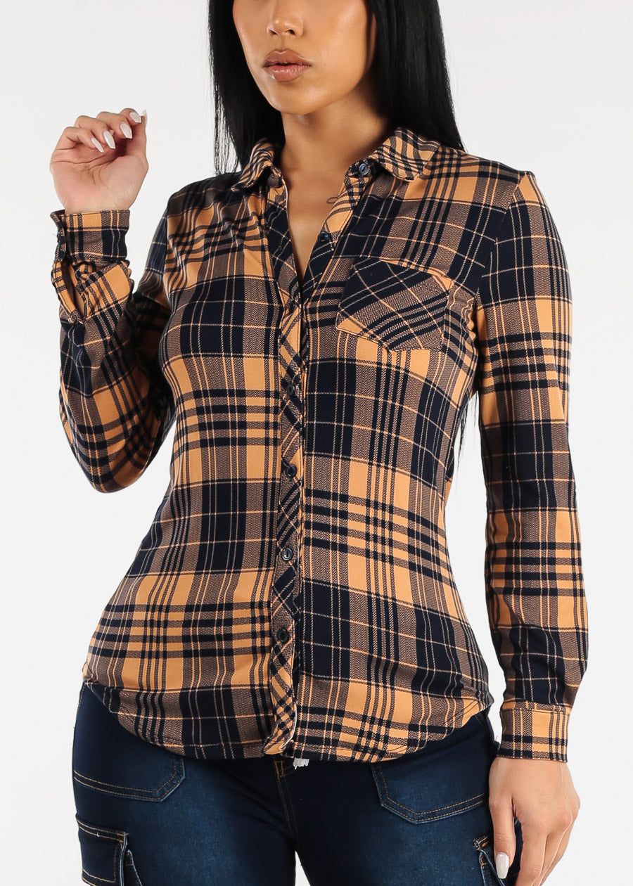 Button Down Long Sleeve Plaid Shirt Navy & Khaki sold by Moda product image thumbnail 3