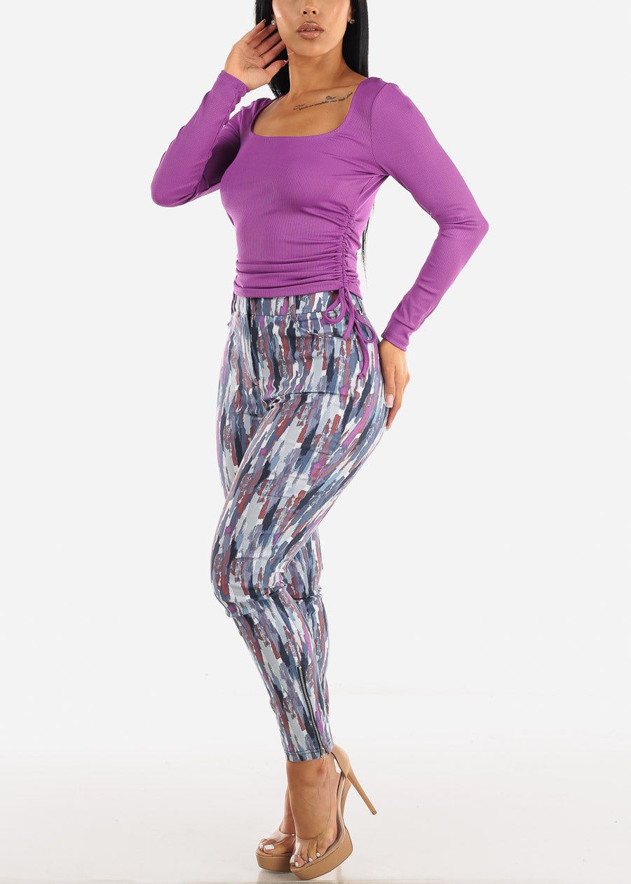 Long Sleeve Ribbed Top w Adjustable Drawstring Sides Purple sold by Moda product image thumbnail 2