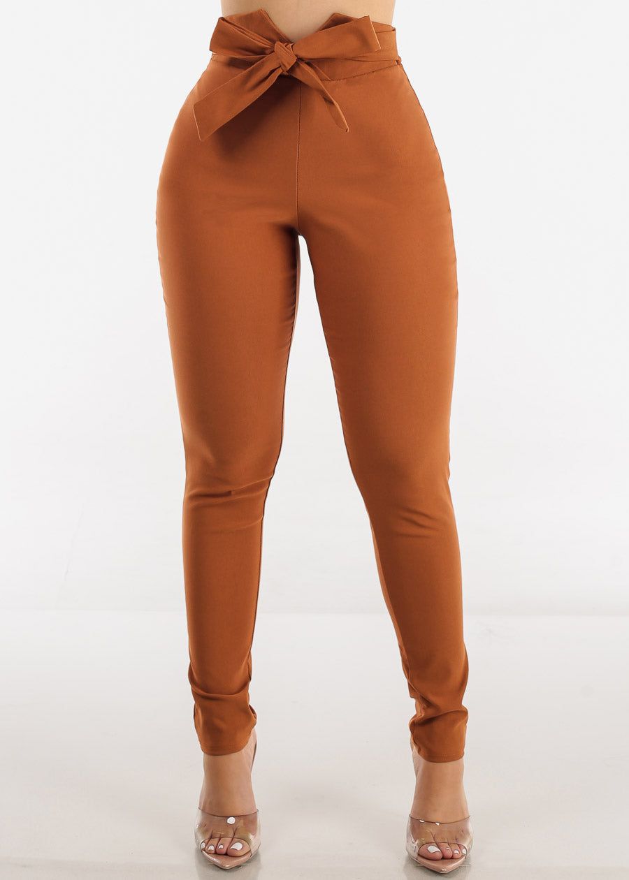 High Waist Tied Dressy Skinny Pants Brown sold by Moda