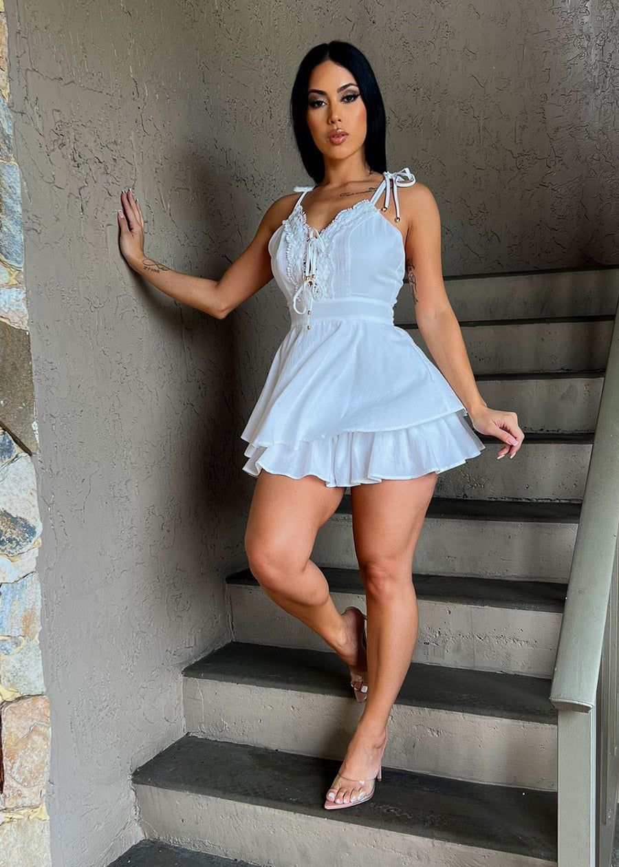 White Sleeveless Lace Trim Ruffled Romper sold by Moda