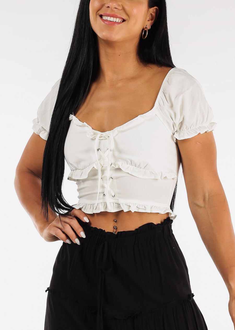White Ruffled Lace Up Crop Top sold by Moda product image thumbnail 2