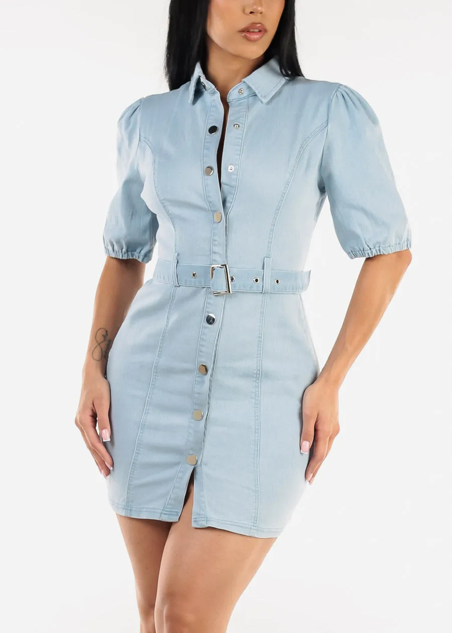 Button Up Belted Mini Denim Dress Light Blue sold by Moda