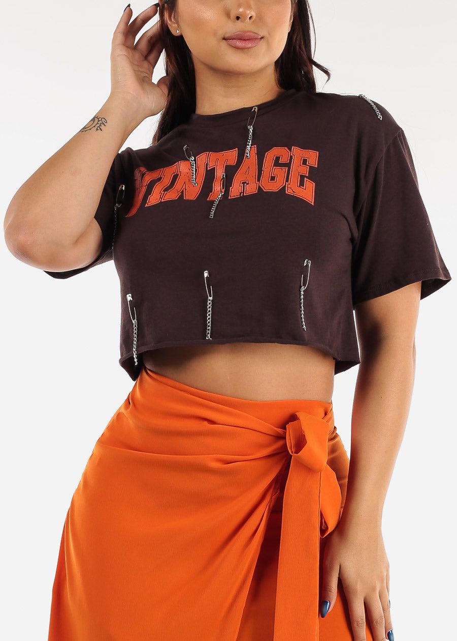 Brown Vintage Graphic Crop Top with Chains sold by Moda
