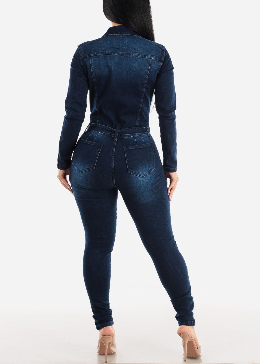 Button Down Distressed Dark Wash Denim Jumpsuit sold by Moda product image thumbnail 3