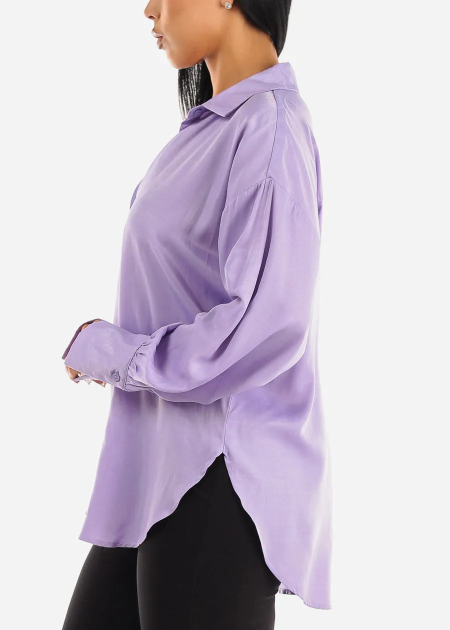 Long Sleeve Button Up Glossy Satin Collared Blouse Lavender sold by Moda product image thumbnail 3