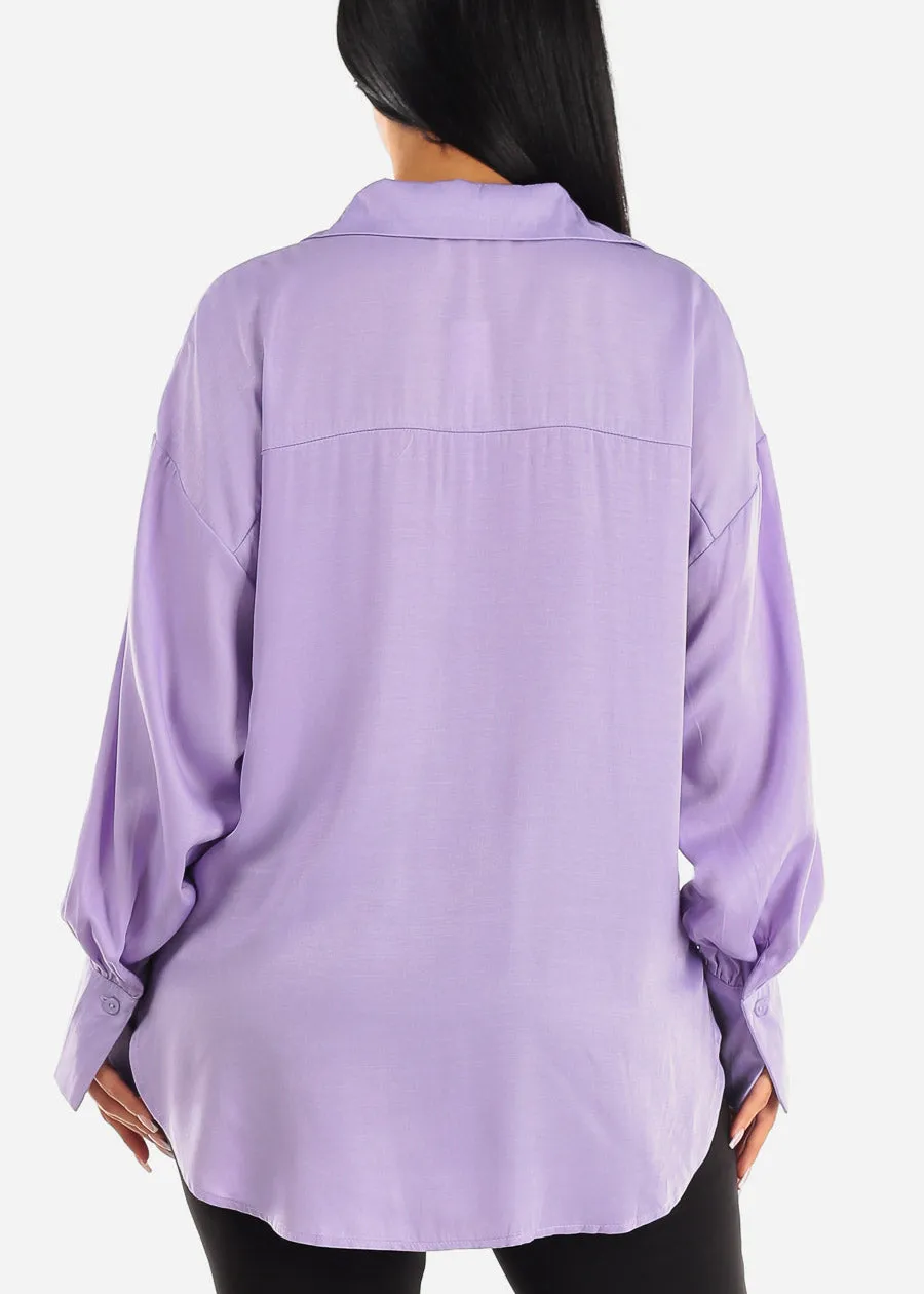 Long Sleeve Button Up Glossy Satin Collared Blouse Lavender sold by Moda product image thumbnail 4