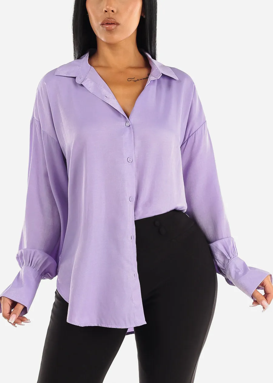 Long Sleeve Button Up Glossy Satin Collared Blouse Lavender sold by Moda