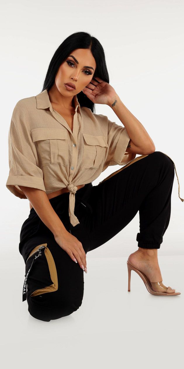 High Waisted Black Cargo Jogger Pants with Tie Front Button Up Beige Cropped Shirt sold by Moda