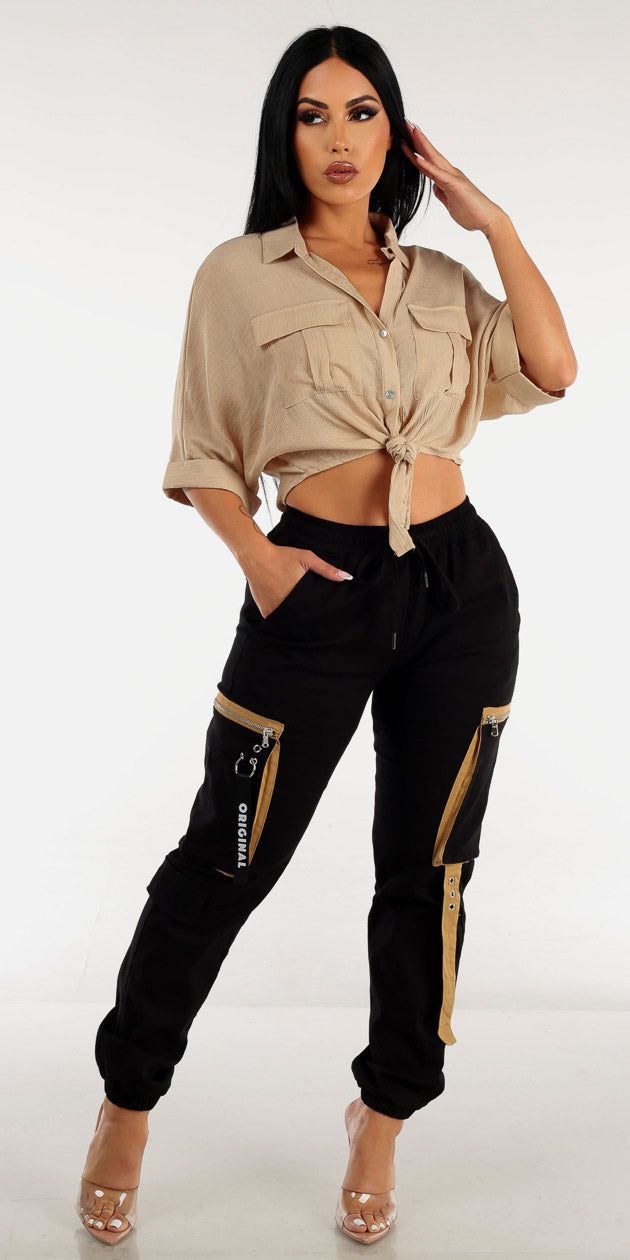 High Waisted Black Cargo Jogger Pants with Tie Front Button Up Beige Cropped Shirt sold by Moda product image thumbnail 2