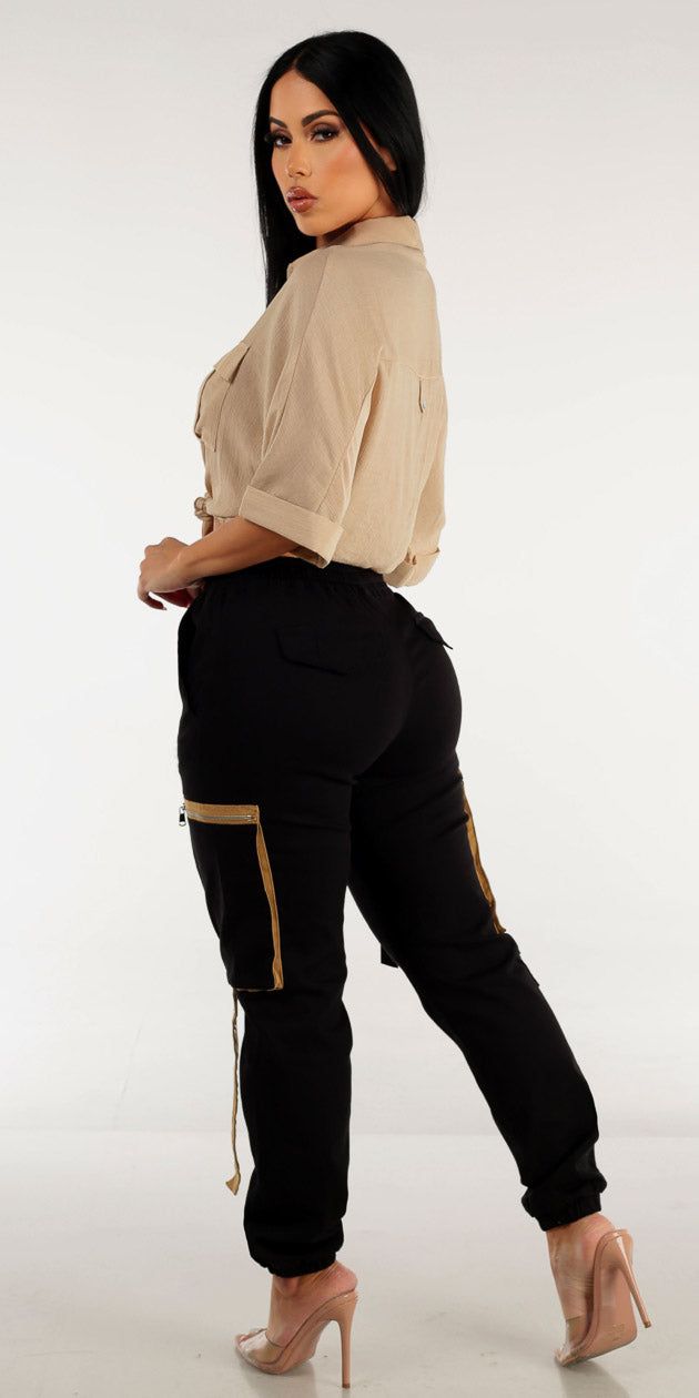 High Waisted Black Cargo Jogger Pants with Tie Front Button Up Beige Cropped Shirt sold by Moda product image thumbnail 3