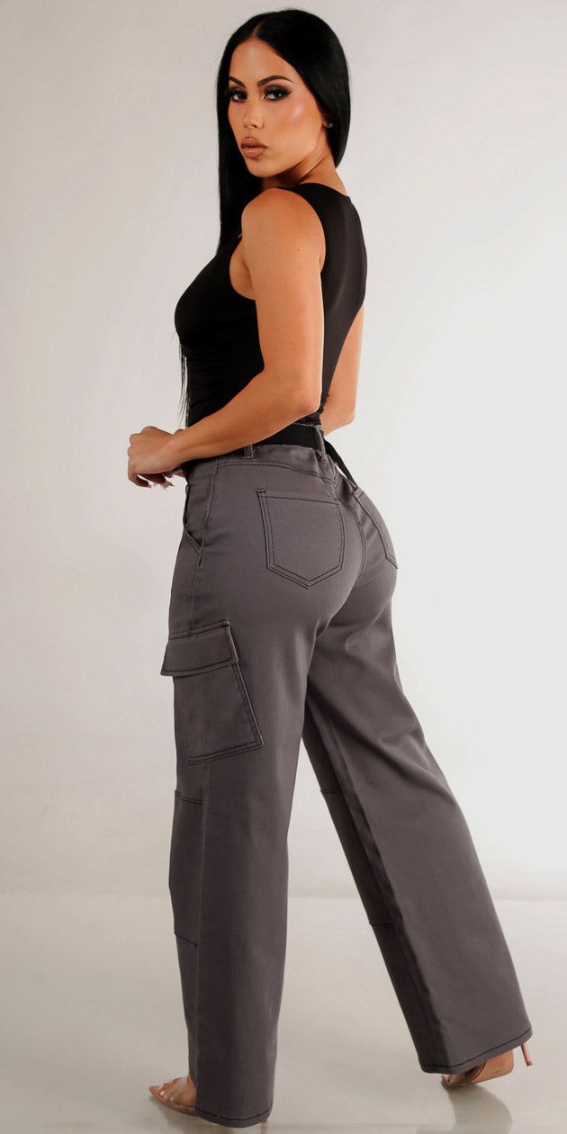 High Rise Grey Wide Legged Cargo Pants with Sleeveless Surplice Black Bodysuit sold by Moda product image thumbnail 2