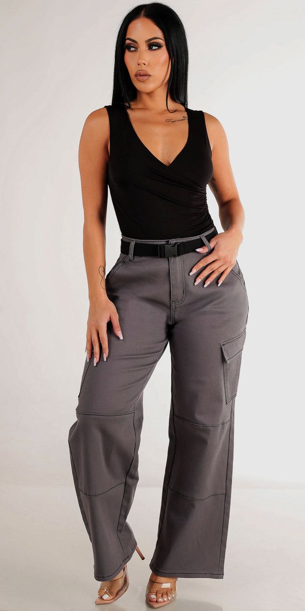 High Rise Grey Wide Legged Cargo Pants with Sleeveless Surplice Black Bodysuit sold by Moda