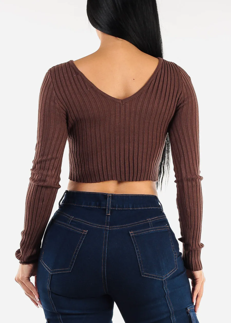 Long Sleeve Vneck Cropped Sweater Brown sold by Moda product image thumbnail 4
