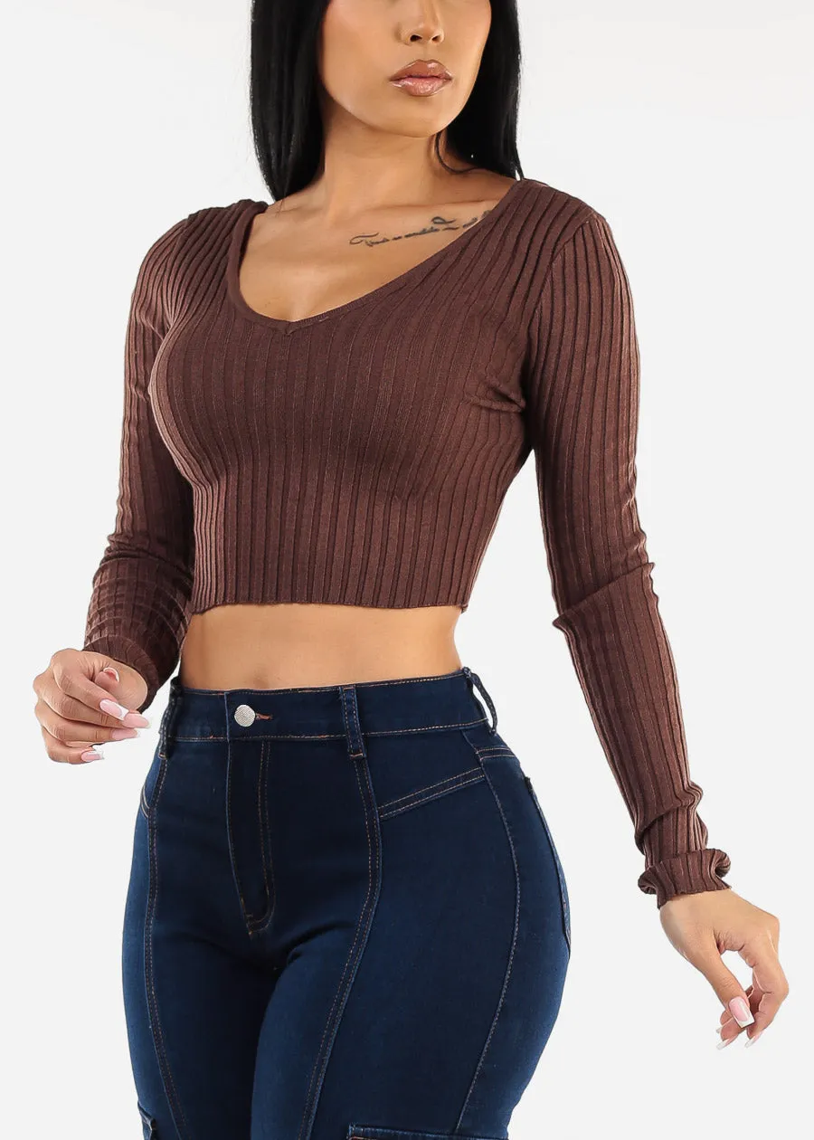 Long Sleeve Vneck Cropped Sweater Brown sold by Moda