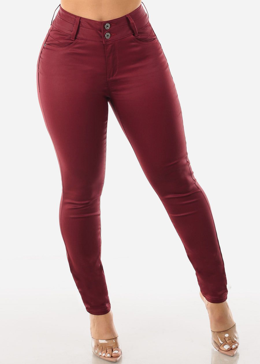 Butt Lifting Coated Faux Leather Skinny Jeans Burgundy sold by Moda product image thumbnail 3