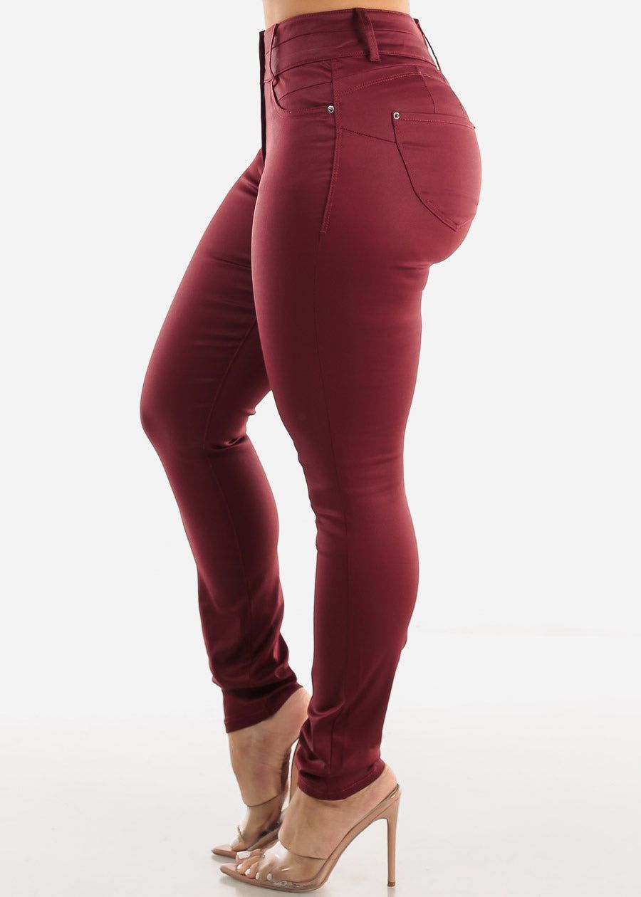 Butt Lifting Coated Faux Leather Skinny Jeans Burgundy sold by Moda product image thumbnail 4