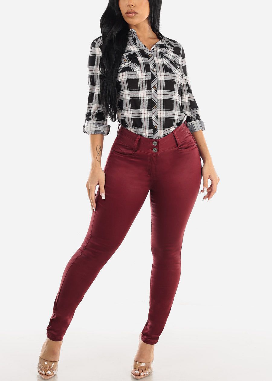 Butt Lifting Coated Faux Leather Skinny Jeans Burgundy sold by Moda product image thumbnail 2