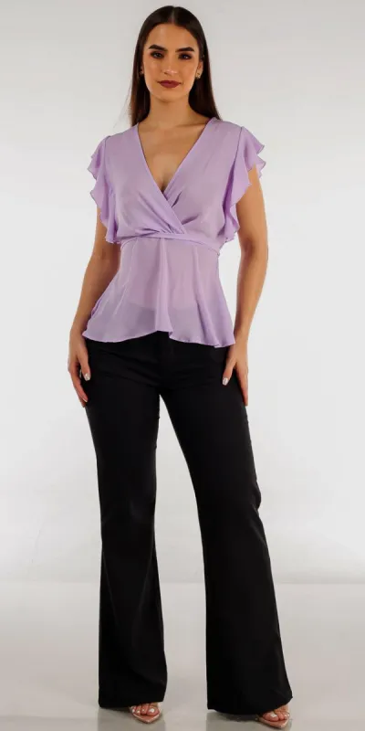 Black Flared Bootcut Dress Pants with Short Sleeve Lavender Peplum Blouse sold by Moda