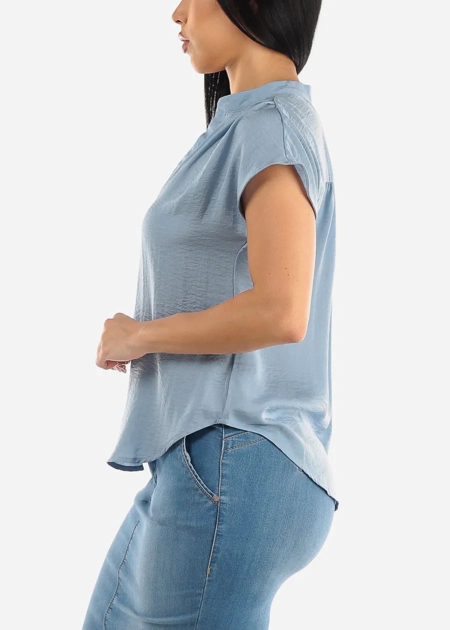 Short Sleeve Half Button Up Round Hem Blouse Light Blue sold by Moda product image thumbnail 3