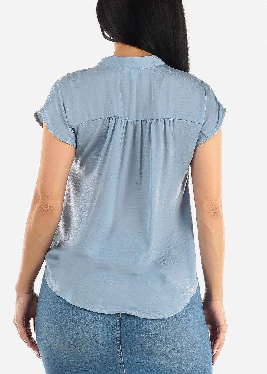 Short Sleeve Half Button Up Round Hem Blouse Light Blue sold by Moda product image thumbnail 4