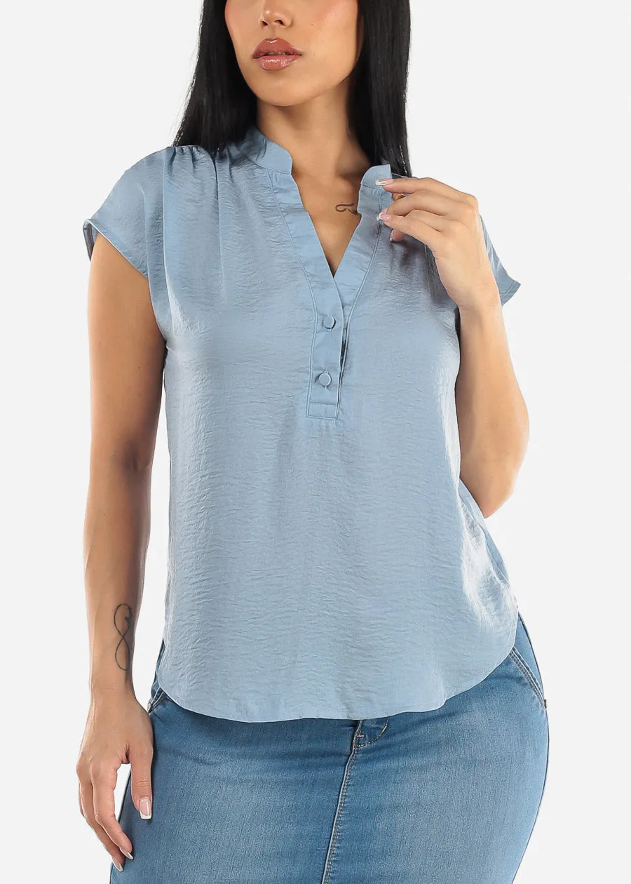 Short Sleeve Half Button Up Round Hem Blouse Light Blue sold by Moda