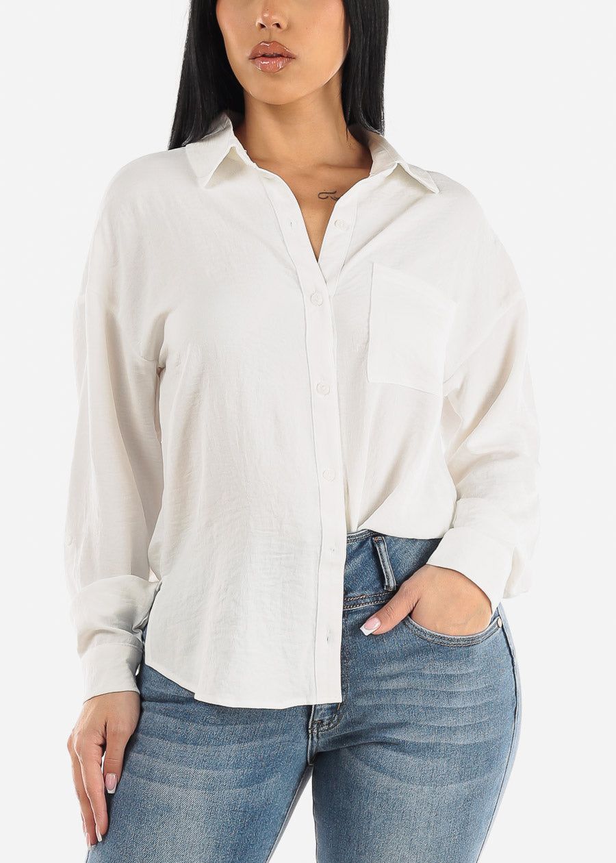 White Long Sleeve Relaxed Fit Collared Blouse sold by Moda