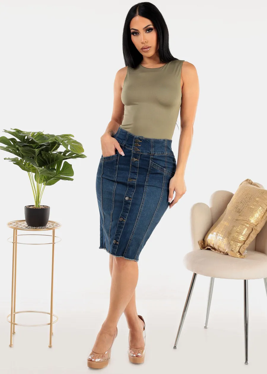 Button Up Denim Fringe Hem Pencil Skirt Dark Wash sold by Moda product image thumbnail 2