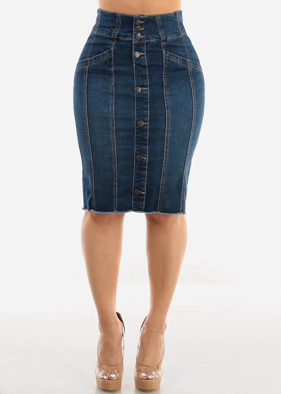 Button Up Denim Fringe Hem Pencil Skirt Dark Wash sold by Moda