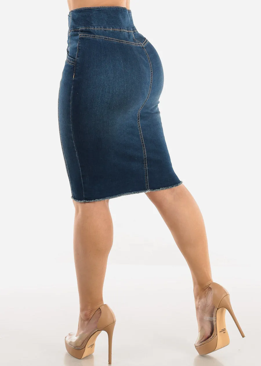 Button Up Denim Fringe Hem Pencil Skirt Dark Wash sold by Moda product image thumbnail 4