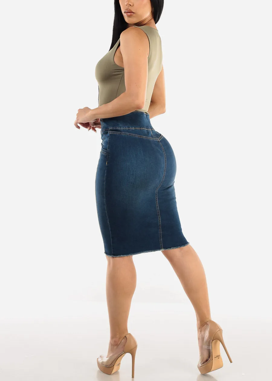 Button Up Denim Fringe Hem Pencil Skirt Dark Wash sold by Moda product image thumbnail 5