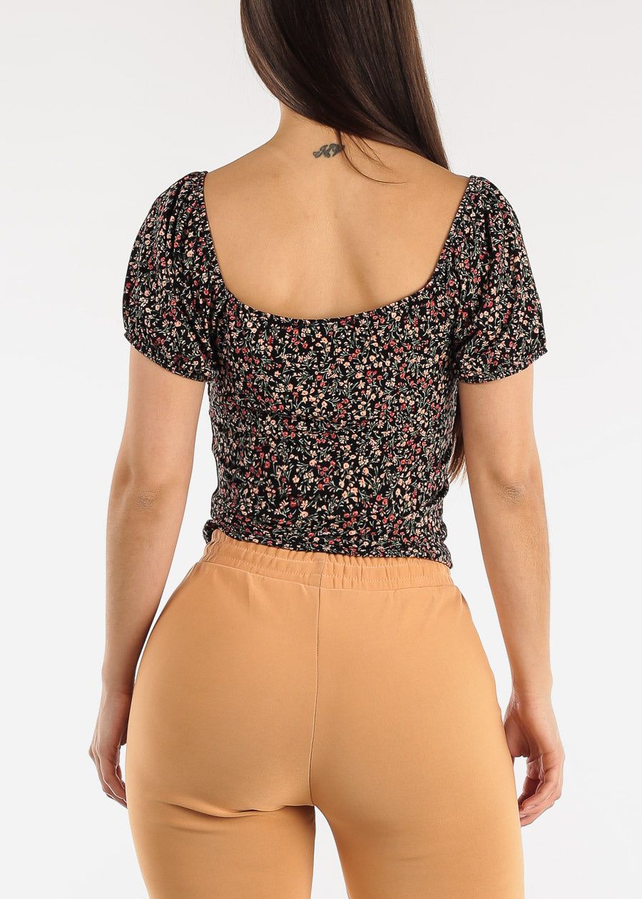 Short Puff Sleeve Off Shoulder Floral Crop Top Black sold by Moda product image thumbnail 4