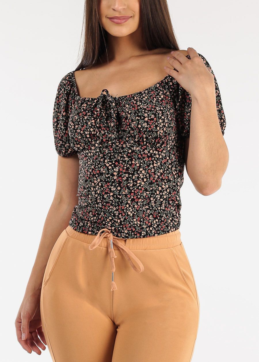 Short Puff Sleeve Off Shoulder Floral Crop Top Black sold by Moda