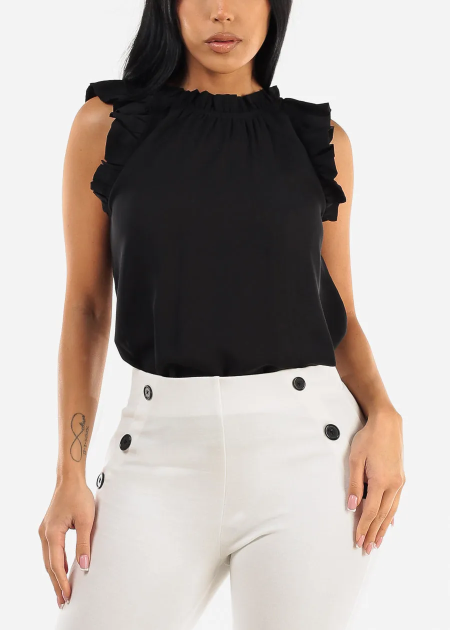 Black Sleeveless Ruffled Woven Blouse sold by Moda